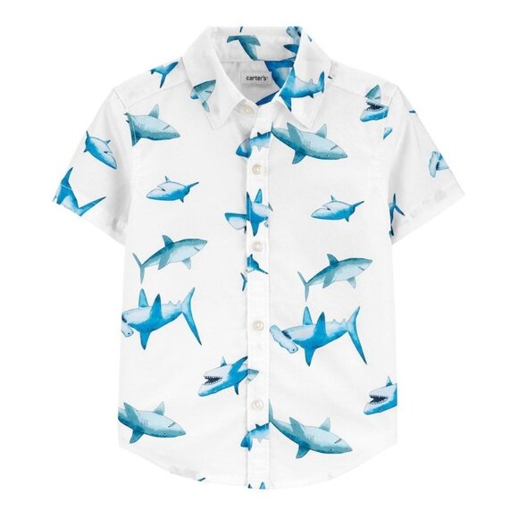 Boys White Short Sleeve Button-Up Shirt With Blue Shark Print By Carters - Picture 1 of 1